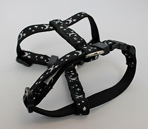 XXS TINY DOG / CAT REFLECTIVE DOG HARNESS, TEA CUP, CHIHUAHUA, BLACK-BLUE & PINK, OPTIONAL ENGRAVED BONE ID TAG (BLACK (STARS & MOON PATTERN), WITHOUT ENGRAVED BONE ID TAG)