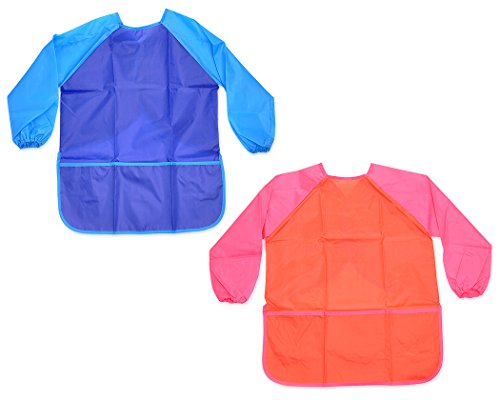 DSstyles Wasserdichter Kinder Malschürze mit langen Ärmeln für Schule und Freizeit, 2 Stück Kunstkittel Malkittel (Blau und Rot) - 2