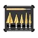 Produktbild HSS Stufenbohrer, Tacklife PSD4 5-Teiliger Stufenbohrer Set mit Spiralnut im Aluminiumkoffer, extra Automatik-Körner für Vorbohren, Hex Shank, 50 Größen: 7-35mm/5-23mm/7-20mm/4-13mm/5-13mm, Titanbeschichtung, Doppelschneiden, X-Typ-Öffnungen, ideal für präzises Bohren in Stahl, Metall, PVC und Holz