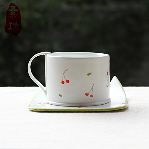 Ajunr-A couple of breakfast cup mug, coffee cup handmade ceramic creative brief,Cherry (cup saucer)