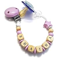 dea-concept Attache sucette bébé - clip bois rose - perles blanches nature rose - étoiles rose - adaptateur silicone