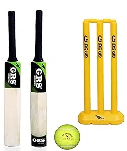 GRS Kids Zone Popular Willow Cricket Bat with Wicket Set & 1 Tennis Ball for Kids (Size 3, Age 6-10 Year Old Kids), Wood