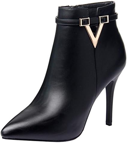 Binying Women's British Style Buckle Pointed-Toe Stiletto Zip Metal Ankle Boots