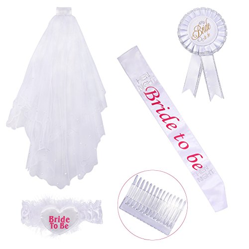Hochzeit Braut Brautschleier zum Set, Wartoon Bride to Be Schärpe Strumpfband Abzeichen und weiße Hochzeit Brautschleier mit Kamm, 4 Stück