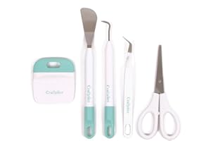 Craftelier - Set di 5 Strumenti di Base per Vari Materiali da Scrapbooking e Crafting Come Vinile e Carta | Forbici, Spatola, Uncino, Raschietto e Pinzette | Colore Bianco e Turchese