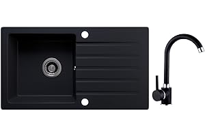 Rein Schwarz LINDBERGH® Antibakterielle Granit Spüle "MEG44" + Siphon Einbauspüle Küchenspüle Spülbecken + IMPRÄGNIERUNG - Verbundstoffe MADE IN GERMANY (2. Spüle MEG44 + Armatur 1-Galo)