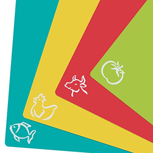 ZITFRI 4er Set Schneidebrett Kunststoff 38x30,5cm Schneidematte antibakteriell biegsam hygiene und rutschfest, getrennter Gebrauch für Lebensmittel wie Fisch / Gemüse / Geflügel / Fleisch