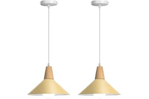 LIGKIN 2 Piezas Lámpara Colgante Industrial Moderna Ø25cm Pantalla Metal Madera Lámpara de Techo Retro E27 Iluminación para Cocina Comedor Cafetería (Amarillo)