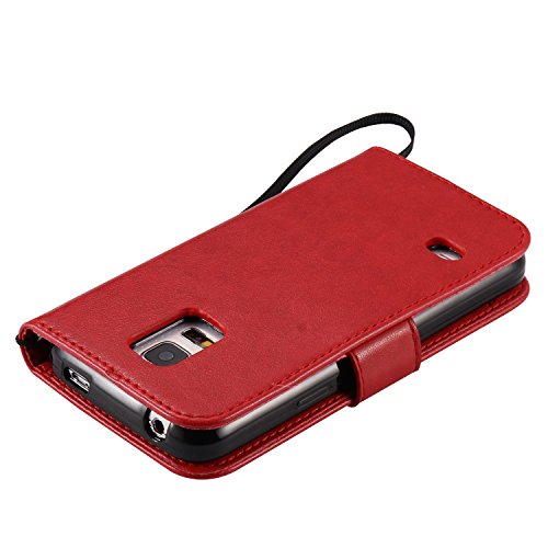 Samsung Galaxy S5 mini Hülle, Cozy Hut Samsung Galaxy S5 mini Hülle Muster, Handy Case Cover Tasche for Samsung Galaxy S5 mini (4.5 Zoll), Bunte Retro Katzen Schmetterlinge Baum Prägemuster Design Muster Druck Flip PU Leder Tasche Case Hülle im Bookstyle mit Standfunktion Kartenfächer mit Weich TPU Innere Hülle Case für Samsung Galaxy S5 mini – Rote - 4