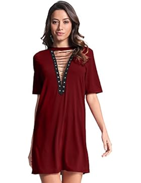 StyleDome Damen Laufen Kurze Ärmel Tiefer V-Ausschnitt Spitze Clubwear Mini Hemdkleid Tops Lang Shirts