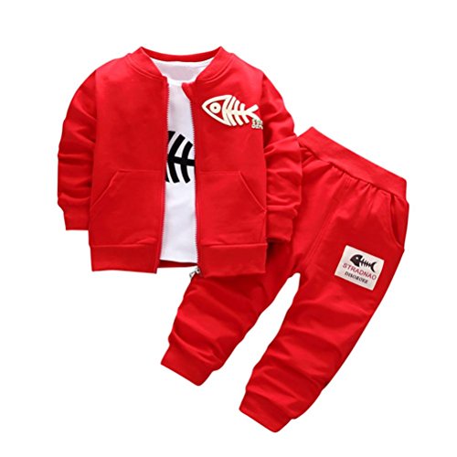 Ropa niño Otoño invierno, Amlaiworld Ropa de bebé niños conjunto Abrigo + camisa + pantalones 6 Mes - 3 Años (Tamaño:6-12Mes, Rojo)