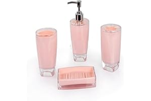 Fingey Modern Design 4 Piece Bathroom Accessory Set, Soap Dish, Tooth Brush Holder, Soap Dispenser, Rinse Cup (Pink)
