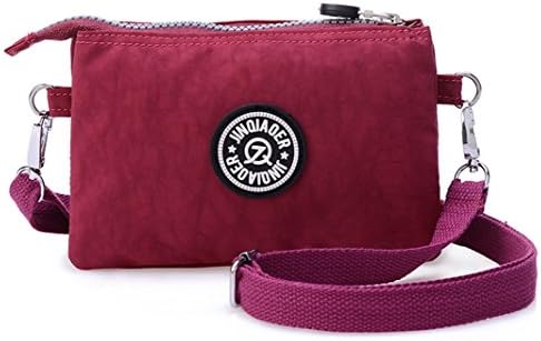 Women's Three Layers Zipper Waterproof Nylon Purse with Shoulder Strap, Purplish red