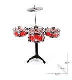 -Tamaño: 40*15*50cm,Incluyendo 1 bombo, 2 pequeños tambores, 1 platillos, 2 baquetas, pedal de pie 1 y 1 taburete