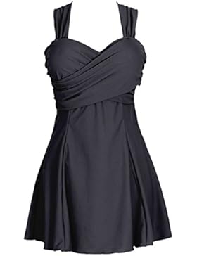 Aidonger Plus Size Damen Badeanzug Bauchweg Badebekleidung mit Röckchen Badekleid Schwarz