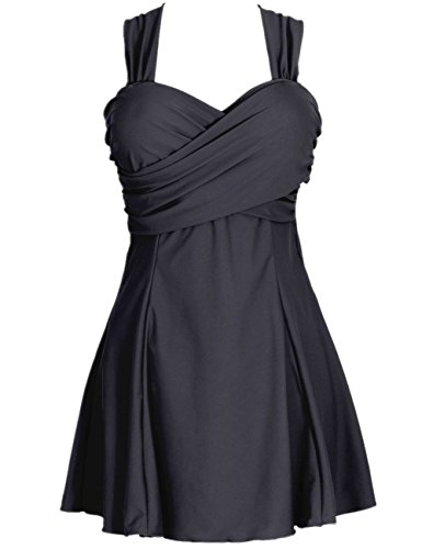 Aidonger Plus Size Damen Badeanzug Bauchweg Badebekleidung mit Röckchen Badekleid Schwarz