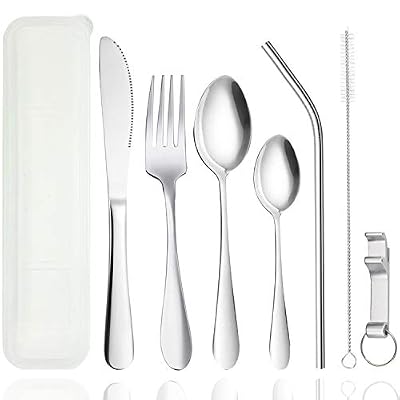 zksm 7 Pièces Couverts de Camping,Couverts Set de Voyage en Acier Inoxydable avec en Livré avec Une boîte en Plastique Transparente, Idéal pour Camping,Pique-Nique, Festivals et Les Voyages