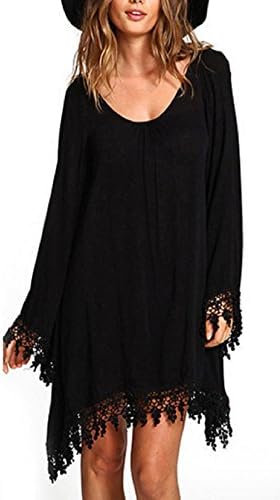 BienBien Chiffon Lace Tops Women Long Sleeve T Shirt Fringe Tassels Blouse Loose Mini Dress