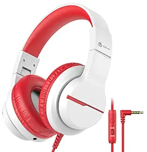 iClever Kids Headphones with Mic, Girls Headphones 85/94dB Volume Limiter - Shareport - Over Ear Stereo Headphones for Kids Boys Girls, Foldable 3.5mm Jack Wired Headphones for iPad/School/Travel, Red