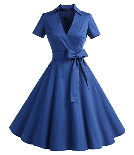 Timormode Robe Années 50's Audrey Hepburn Rockabilly Swing,Plissé Robe à Manches Courtes 10084Blue S