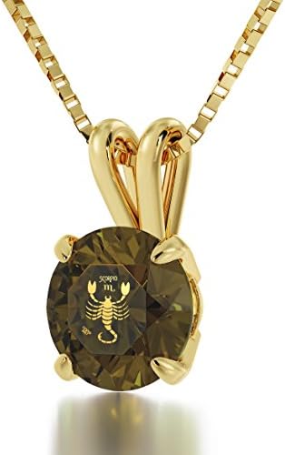 14ct Yellow Gold Zodiac Pendant Scorpio Necklace 24ct Gold inscribed on Brown Crystal, 18" Gold Filled Chain