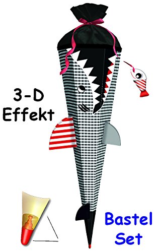 3-D Effekt _ BASTELSET Schultüte - " Fisch / Hai HAPPEN " - 85 cm - mit Holzspitze - Zuckertüte - Set zum selber Basteln - 6 eckig / schwarz weiß - Jungen & Mädchen - Komplettset - incl. Rohling - Fische - Haifisch / Unterwasser