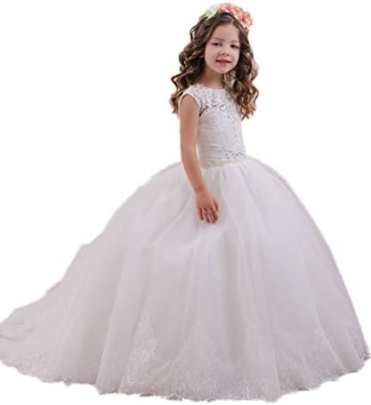CoCogirls Coco Girls Long Lace/Tulle Wedding Girl Princess Dress Kids Dress Communion Flower Girl Dress - White -
