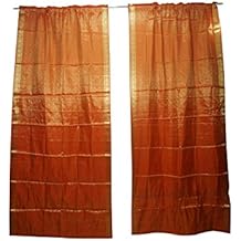 Mogul Interior 2 Indian Silk Sari Orange Organza Party Decoration Door Curtains 96x44