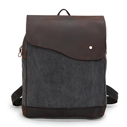 5 ALL Unisex Damen Herren Vintage Retro Canvas Leder Rucksack Schultasche Reisetasche Daypack Uni Backpack 14 Zoll Laptoprucksack für Outdoor Sports Freizeit 32 x 12 x 45cm (Dunkel Grau-C)