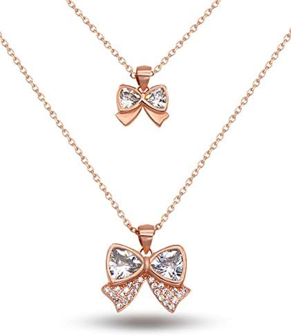 925 Sterling Silver Necklace Pendant Double Layer Bowknot Pendant Rose Gold Necklace,Gold-40cm+3cm