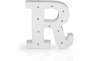 K AKTUAL Letra R en Madera Blanca Iluminada con 10 Luces LED - Decoración e Iluminación de Escaparates o Espacios - Ideal para Apoyar o Colgar - Funciona con Pilas AAA - Altura 15 cm - Aktual