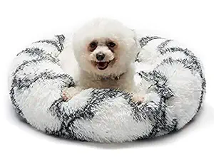 Donut Dog Bed for Small Medium Dogs Calming Round Pet Beds 24'' Black White Plaid Washable Cuddler Cat Sleeping Beds Plush Warming, Non Slip Bottom