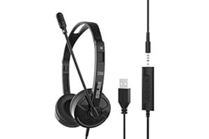 ORCOW Headset with Microphone for Laptop, 3.5mm USB PC Headphone with Noise Cancelling Mic & Audio Controls for Skype, Office, Most Smartphones, Call Center, Clear Chat, Ultra Comfort - Black