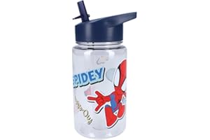 My sweety pop - Trinkflasche Jungen spidey transparent Kunststoff - für Kinder - Kindergarten - Schule - Urlaub - Mahlzeit - 12cm - 450ml - Hydration - Geschenkidee (Spidey - Transparent/Blau)