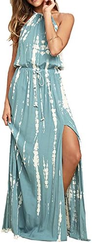 BMJL Home Women Dress Irregular Printed Halter Neck Sundress Backless Sleeveless High Waist Ruched Waist Drawstring Split Maxi Dresses for Women Summer