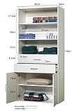 - Der Regalschrank ist eine praktische Kombination aus einem Regal und einem Schrank - Oben befinden sich offene Fächer (Innenmaße: B 77 x H 27 x T 35 cm) - Matte, chromfarbene Griffe sorgen für eine moderne Optik. - Gesamtmaße B x H x T : ca 80 x 178x 39cm - Ausführung : weiss dekor