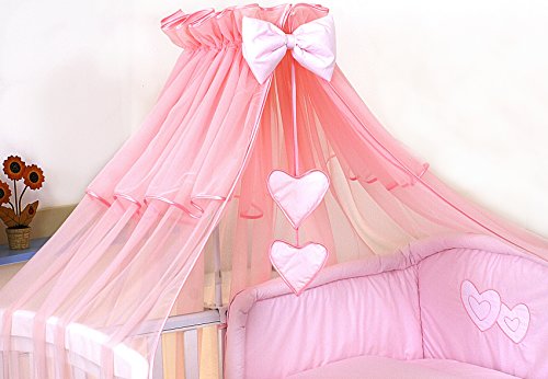 LUXURY BABY COT/BED CANOPY DRAPE-BIG 485cm HEARTS MOSQUITO NET NURSERY BEDDING + HOLDER (Pink)