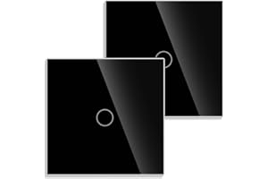 JIMEIDA Pack de 2 interruptores de luz táctil en negro, interruptor de montaje con panel de cristal y LED de estado, no requiere cable neutro, interruptor