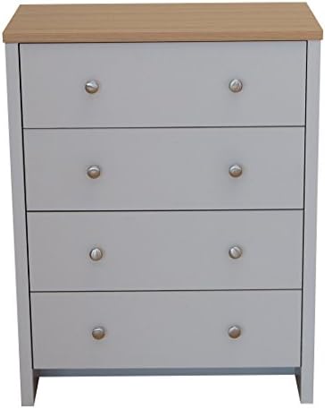 devoted2home Chest of Drawers Grey with Oak Top Panel and Satin Metal Handle, Wood, 4 Draws Tall Wide Cheap Bedroom Furniture, 33.0 x 66.8 x 75.2cm. Great Hallway, Dining and Living Room Storage Cabinet