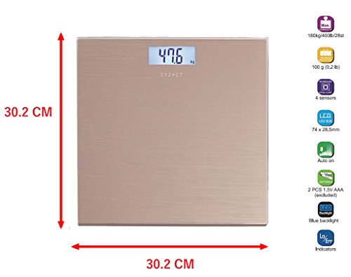 EXZACT – Personenwaage/ Elektronische Körperwaage / Digitale Badezimmerwaage – Große Kapazität 180kg / 400lb / 28st – Hohe Präzision, Schritt-auf, Hintergrundbeleuchtung LCD-Anzeige – Schlank – Farbige Glasplattform (Gold) - 5