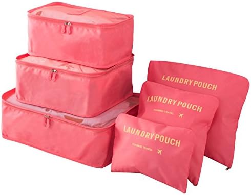 Ediwell 6Pcs Waterproof Travel Organisers Packing Cubes Laundry Bag Luggage Compression Pouches for Travel Camping Luggage (Watermalon Red)