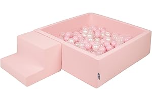 KiddyMoon Area di Gioco in Schiuma con Quadrato Piscina di Palline (100 Palline) per Bambini, Rosa:Rosa Chiaro/Perla/Trasparente