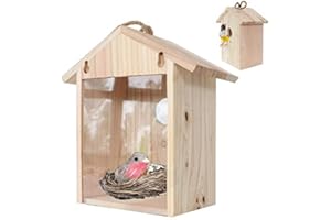 KENANLAN See Through Bird Box Window Bird box Birdhouse Birds Feeder Wooden Hanging Nest Case Outdoor Window Cage with Suction Cups for Bluebird Finch Chickadee Wildbirds