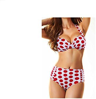 High Waist White and Red Polka Dot Bikini (Small)
