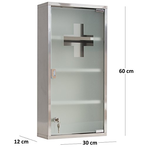 Oxid7® Medizinschrank Arzneischrank Erste Hilfe Schrank 30 x 13 x 60 cm – mit 4 Fächern und Glas-Tür zum Abschließen mit 2 Schlüsseln für kindersichere Medikamenten Lagerung - 5