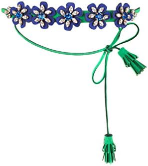 SHOUROUK Women's Alcantara Five Blue Flowers Green Leather Choker