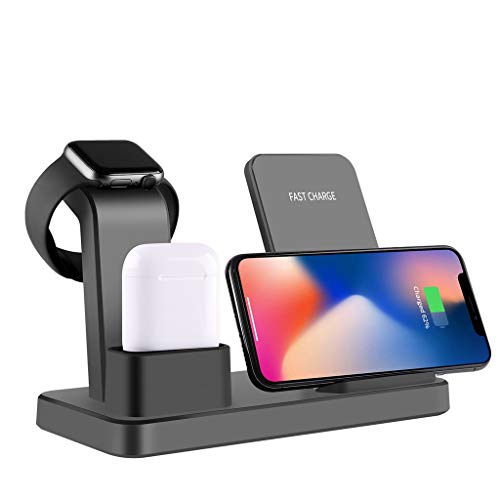Preisvergleich Produktbild H.eternal Wireless Ladegerät 3 in 1 Schnellladungen Ladestation Schnellladegerät Kompatibel Holder Stand für Apple Watch Apple Airpods (Grau)