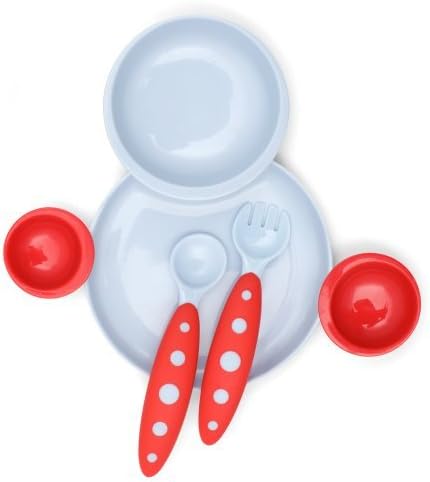 Boon Groovy and Modware Interlocking Plate and Bowl Set with Utensils, Cherry/Berry Cream Color: Cherry/Berry Cream