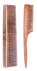 Fortive Natural Pure Neem Wood Comb Double Tooth Wooden Comb For Hair Growth For Women And Men (Double teeth comb + Tail Comb)