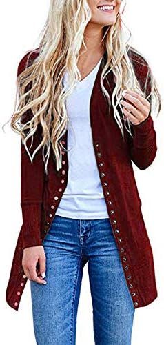 Womens Open Front Button Down Cardigan Sweater Ladies Solid Long Sleeve Plus Loose Coat